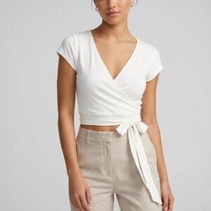 White Wrap Crop Top Tie Waist Short Sleeve Large